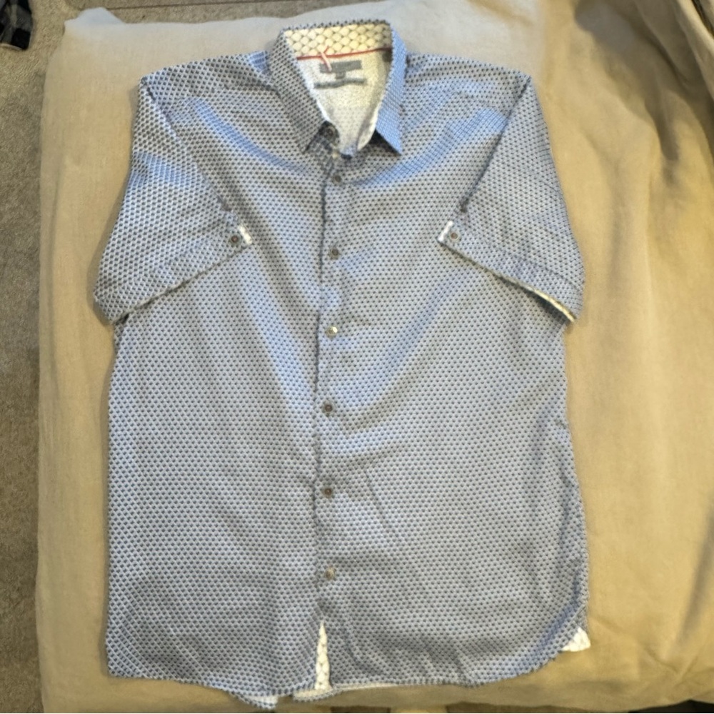 Ted Baker London Blue Geometric Diamond Print Short Sleeve Button Down Shirt XL - Picture 5 of 15